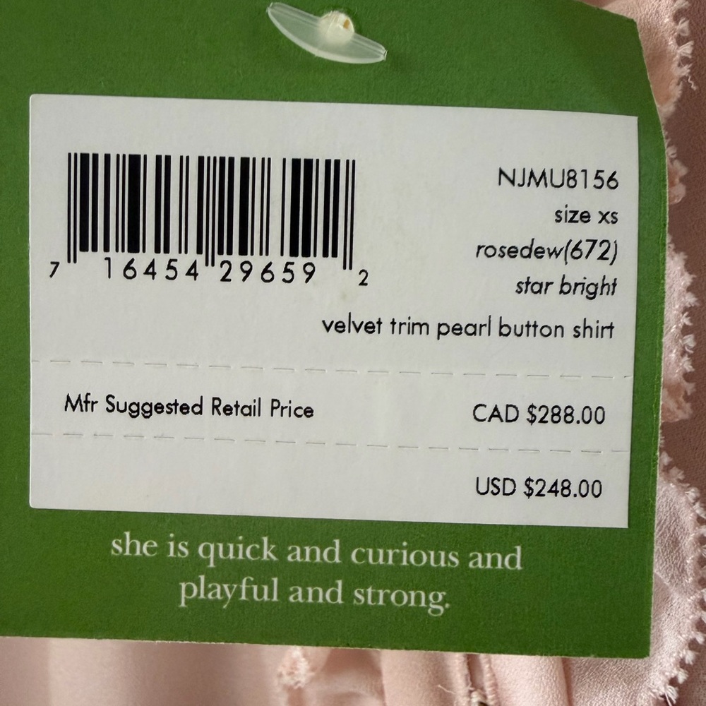 Kate Spade Velvet Trim Pearl Button Blouse in Rosedew NWT Women’s size XS. - Picture 9 of 9